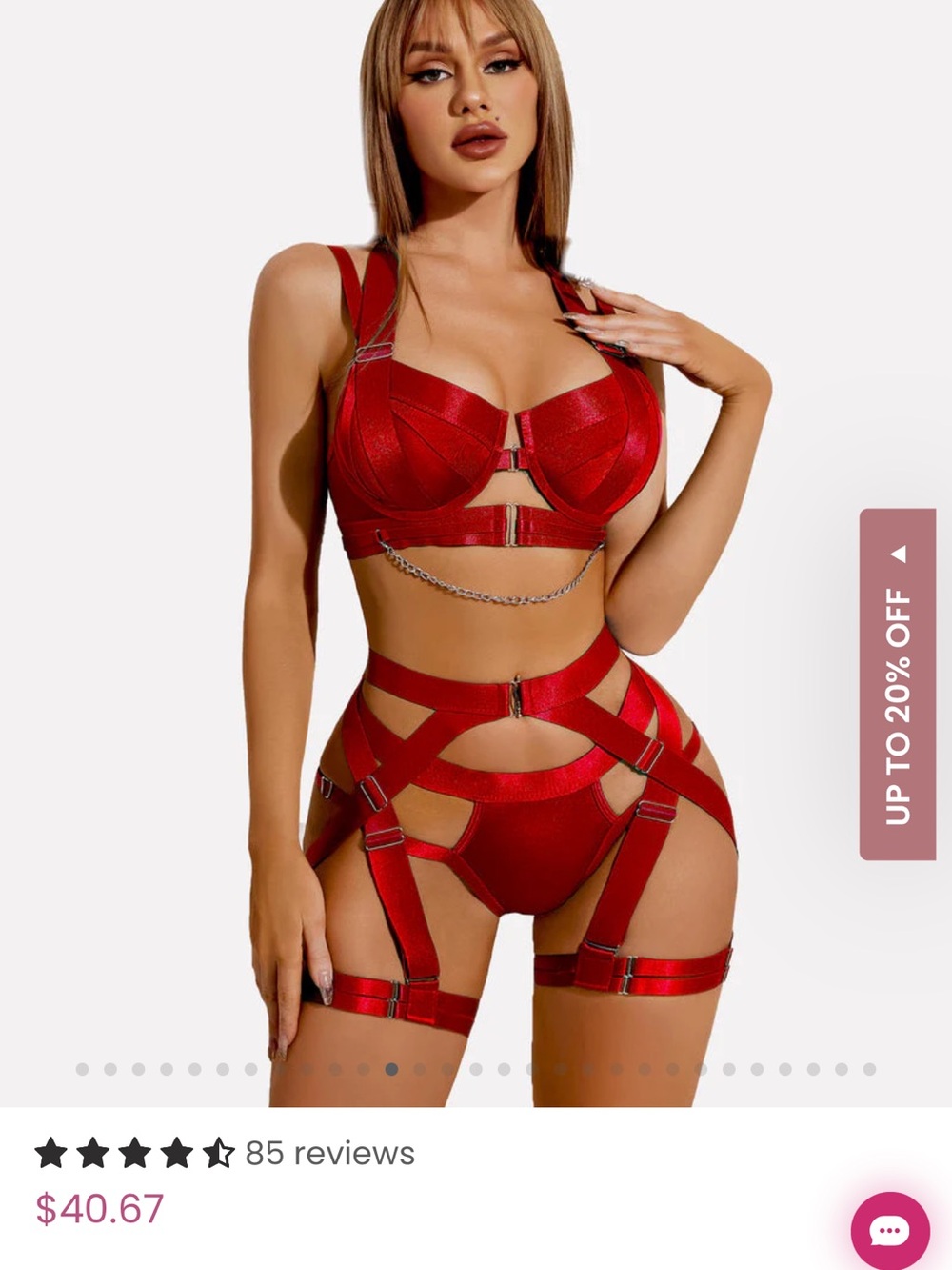 Strappy Lace-Up Bra, Thong & Garter Set in Burgundy - Picture 8 of 8